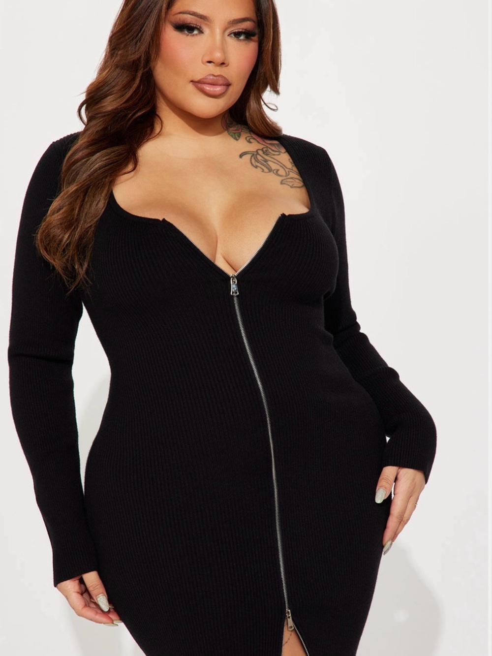 NWT-Ribbed Zip-Front Black Bodycon Dress Top by Fashion Nova